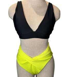 Aerie Black Triangle Bikini Top Neon Yellow High Cheeky Bottom Set Medium NWT